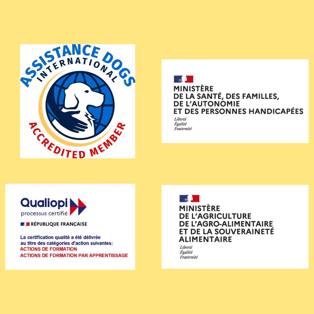 Logo Assistance dog international, certification qualiopi, labellisation par le ministère de l'agriculture