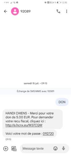 Capture d'écran d'un don SMS